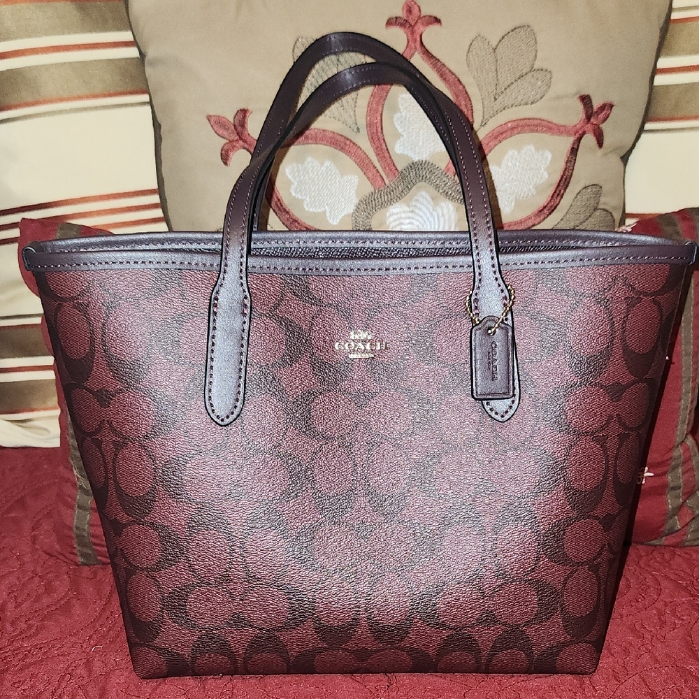 Coach Signature Brown and Burgundy Tote
